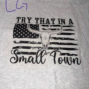 Gray Graphic Tee with Bull Skull and Flag Design “Try that in a small town”